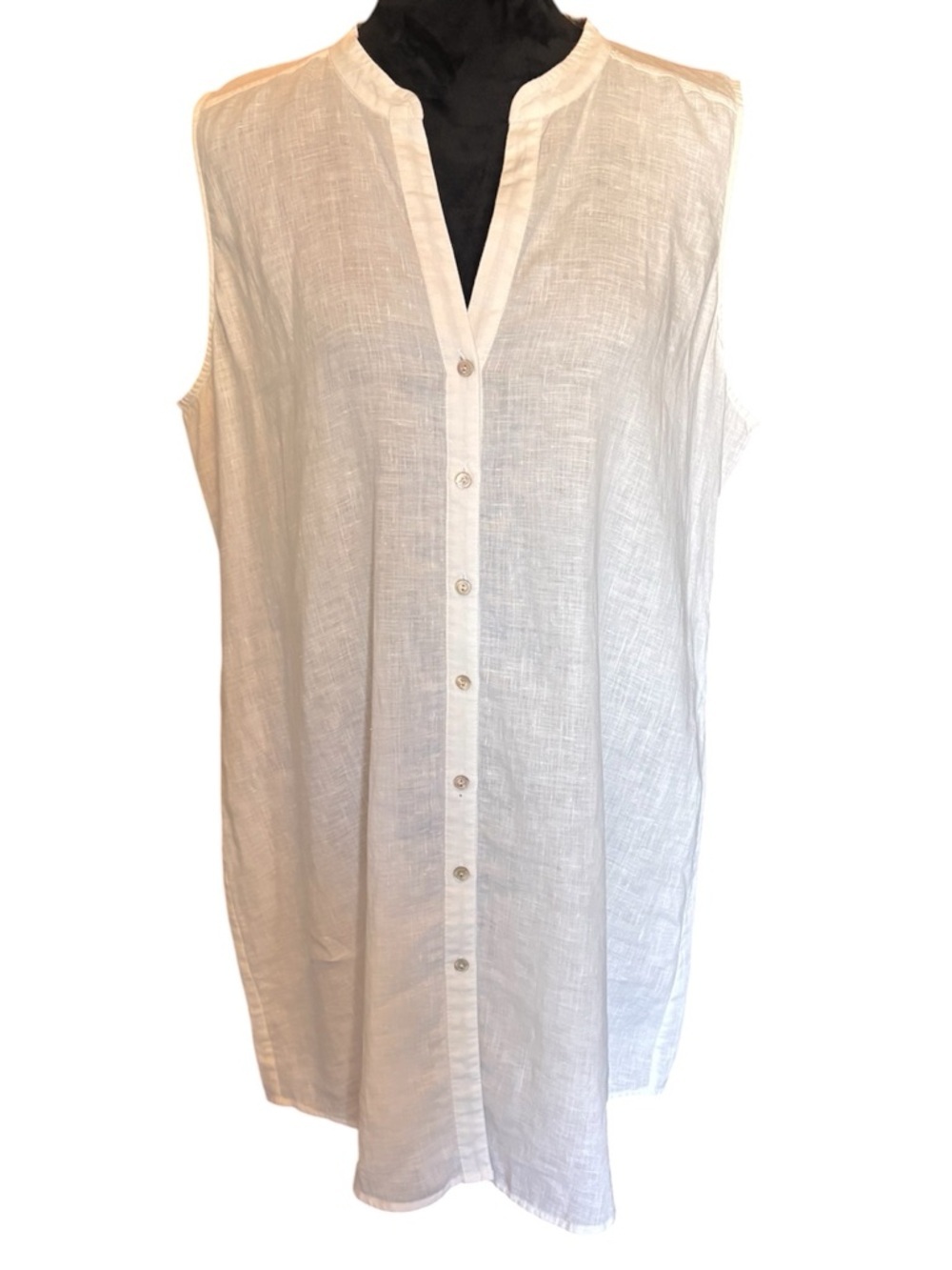 Eileen Fisher White Sleeveless Button-Front Linen Tunic Top, Coverup, Shirtdress